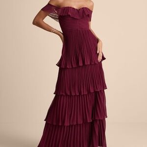 Lulus Always Remarkable Burgundy Pleated Off-the-shoulder Maxi Dress Red